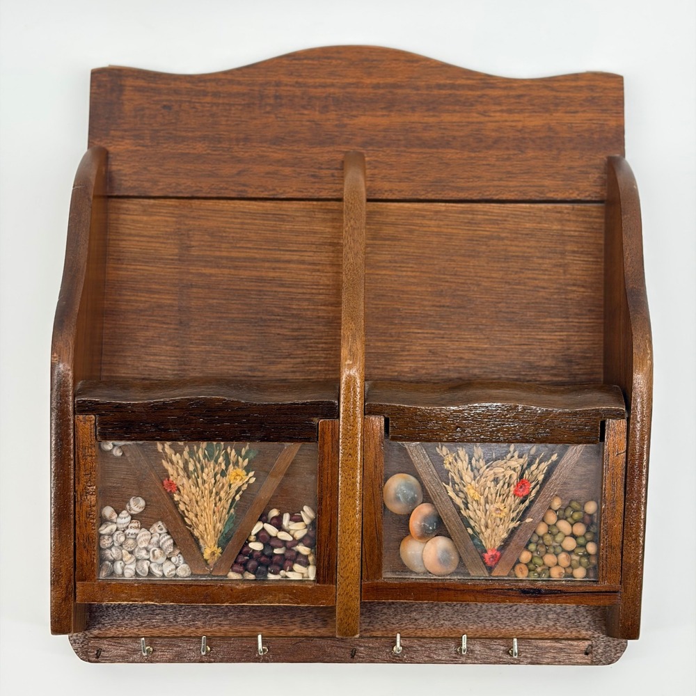 Vintage Wood Wall Mail Organizer Key Rack Dried Flowers Seeds Shells Granny Core